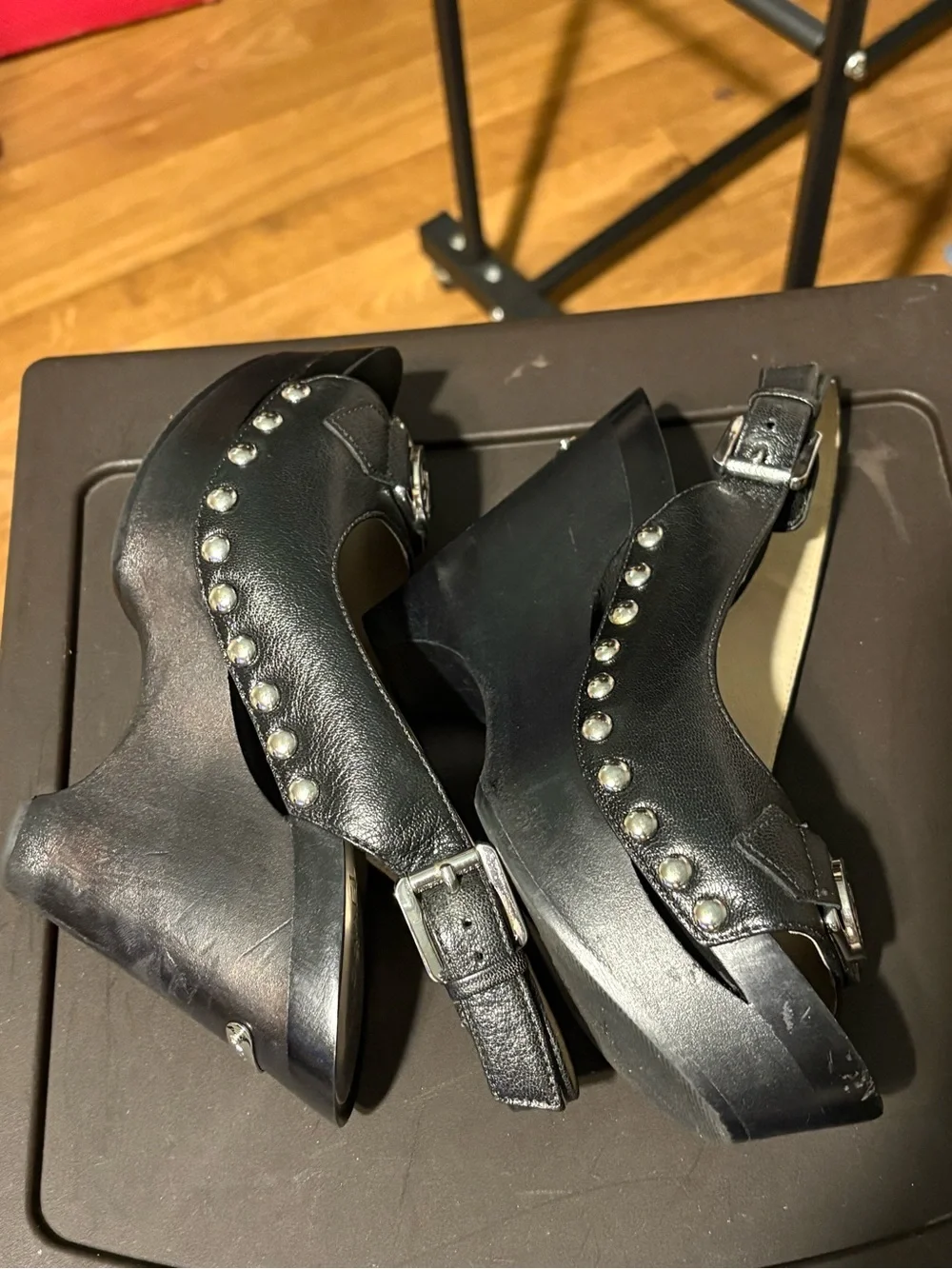 MICHAEL Michael Kors Black Leather Studded Wedge Sandals with Silver MK Logo